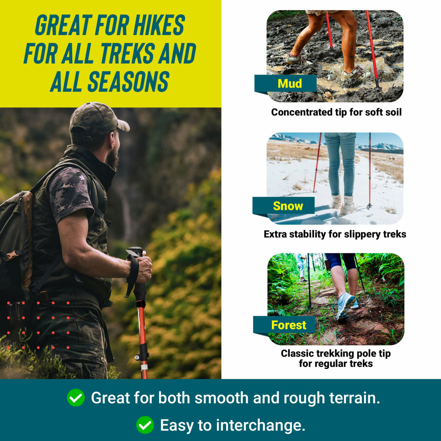 TrekBud Adjustable Trekking Pole, Hiking Stick Gear Tekk